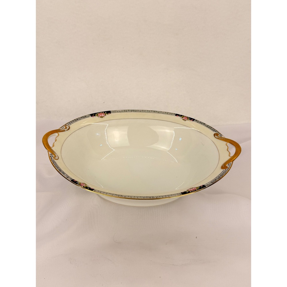 Noritake Belmont Oval Vegetable Serving Bowl Gold Gilded Handles Floral Navy